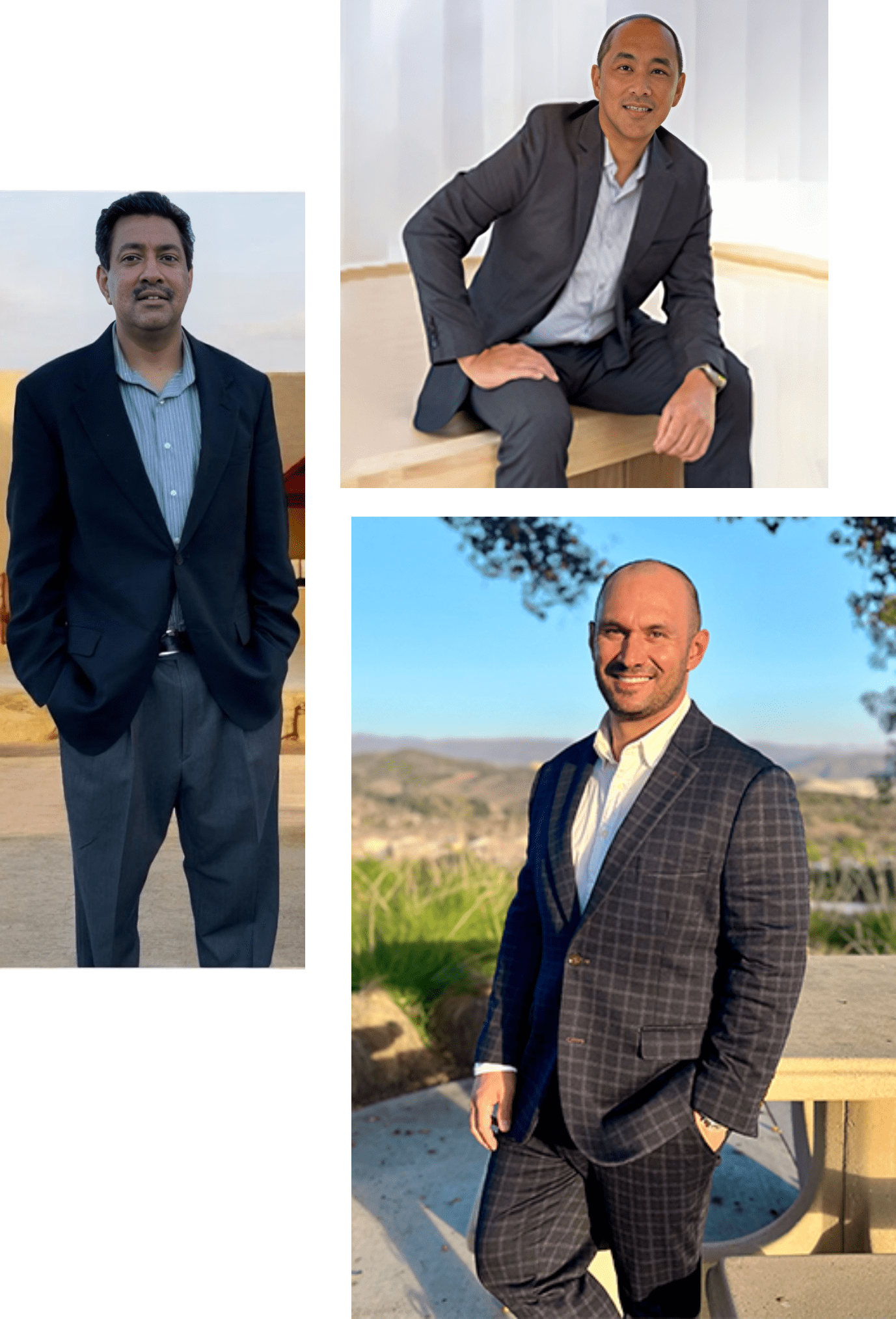 Businessmen posing in various settings.